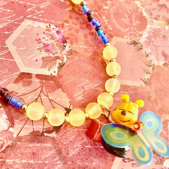 Vintage Kinder Surprise Reading Butterfly Pendant Orange/Blue Beaded Necklace - Picture 2 of 6